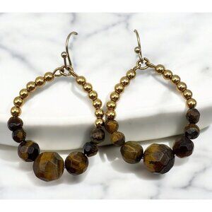 Brown Faux Tiger Eye Beaded Dangle Earrings Retro Teardrop Earth Tones